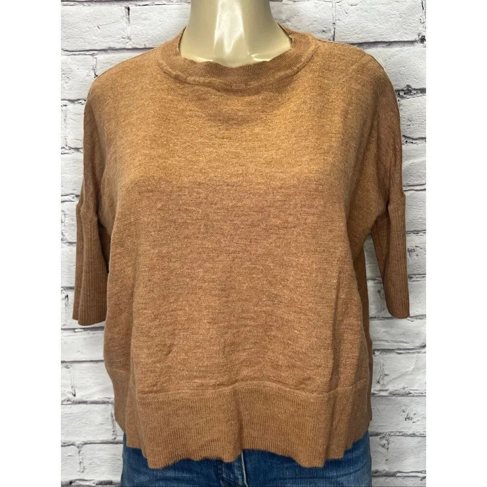 Anthropologie Womens Tan Merino Wool Boat Neck Boxy Knit Pullover Sweater Sz XS
